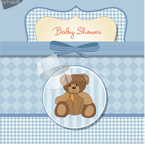Image of baby shower card with teddy bear toy