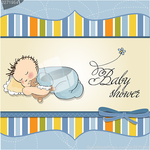 Image of baby shower card with little baby boy sleep with his teddy bear 