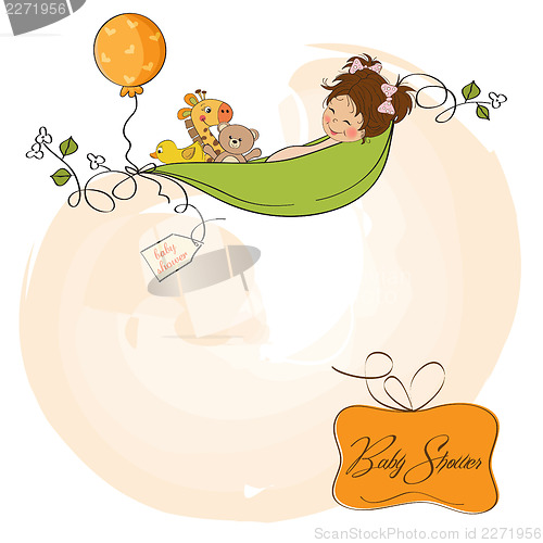 Image of little girl siting in a pea been. baby announcement card