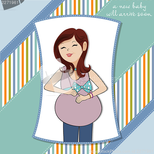 Image of happy pregnant woman, baby shower card