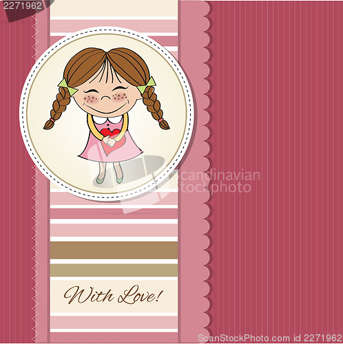 Image of Funny girl with hearts. Doodle cartoon character.