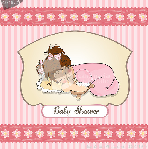 Image of baby shower card with little baby girl play with her teddy bear 