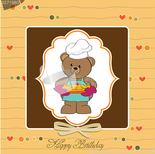 Image of teddy bear with pie. birthday greeting card