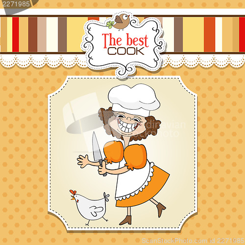 Image of the best cook certificate with funny cook who runs a chicken