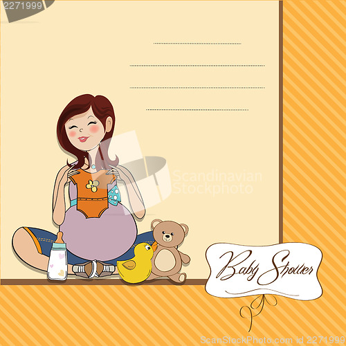 Image of happy pregnant woman, baby shower card