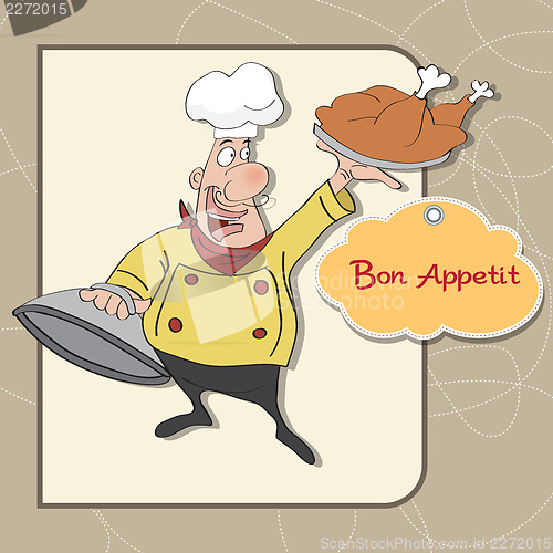 Image of funny cartoon chef with tray of food in hand