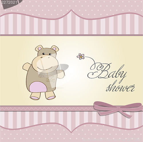 Image of childish baby girl announcement card with hippo toy