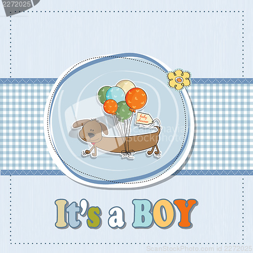 Image of baby boy shower card with long dog and balloons