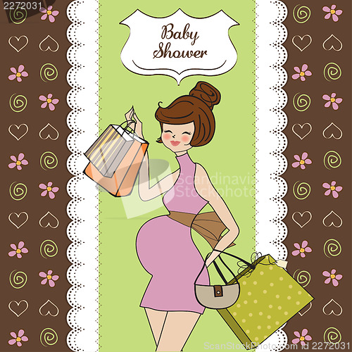 Image of baby announcement card with beautiful pregnant woman on shopping