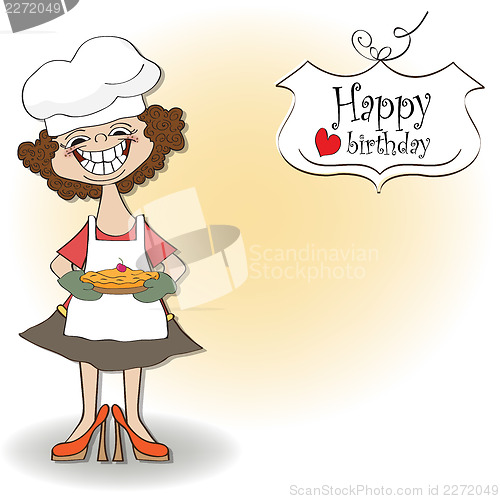 Image of birthday greeting card with funny woman and pie