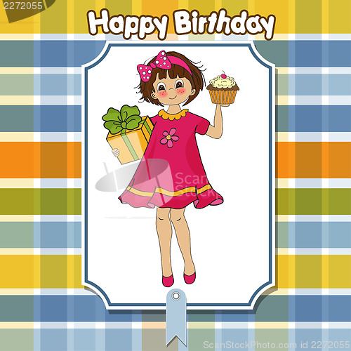 Image of birthday greeting card with girl and big cupcake