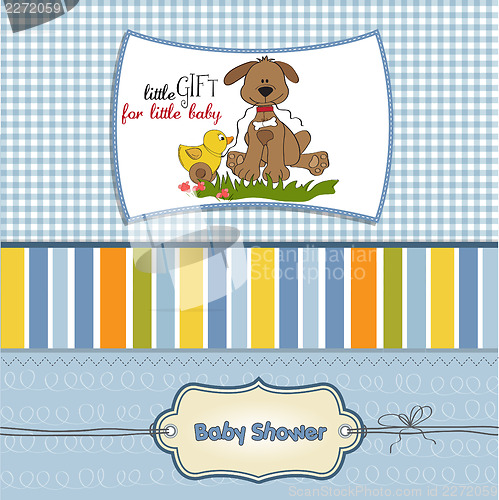 Image of baby shower card with dog and duck toy
