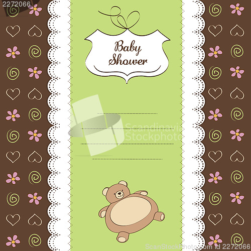 Image of baby shower card with teddy bear toy