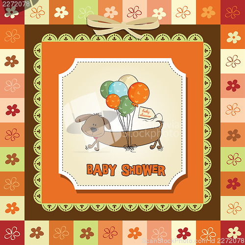 Image of baby shower card with long dog and balloons