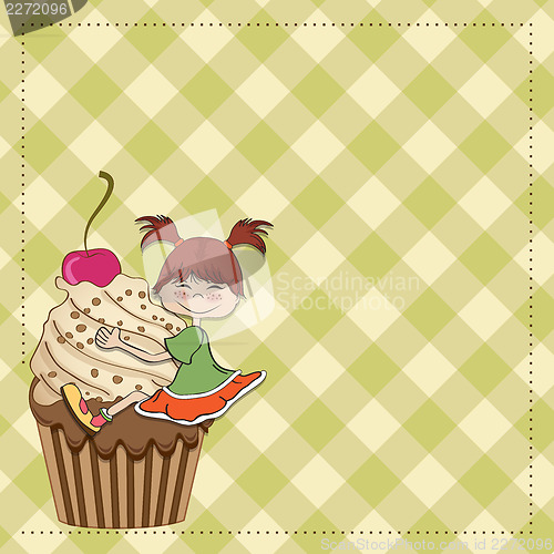 Image of birthday card with funny girl perched on cupcake