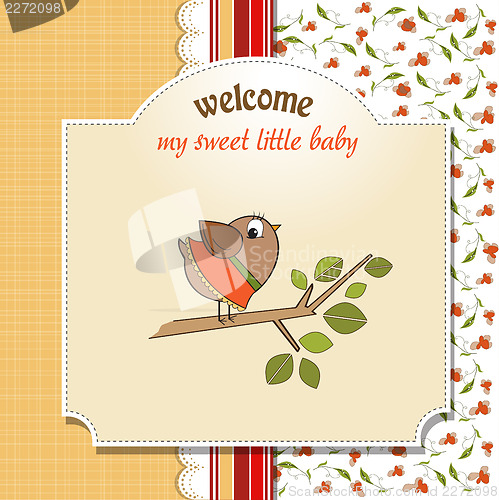 Image of welcome baby card with funny little bird