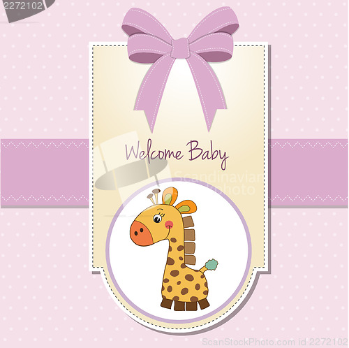 Image of new baby girl announcement card with giraffe