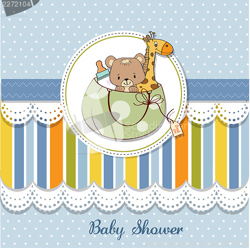 Image of new baby announcement card with bag and same toys