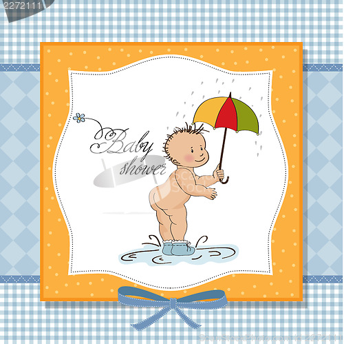 Image of baby boy shower card with funny baby under his umbrella