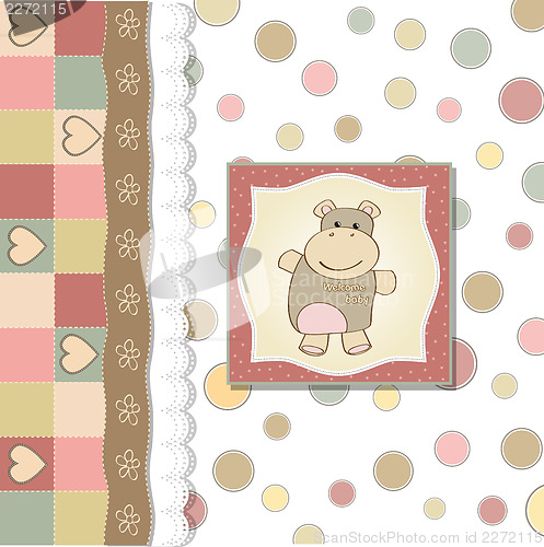 Image of childish baby girl announcement card with hippo toy