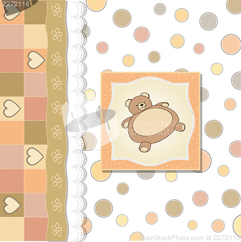 Image of baby shower card with teddy bear toy