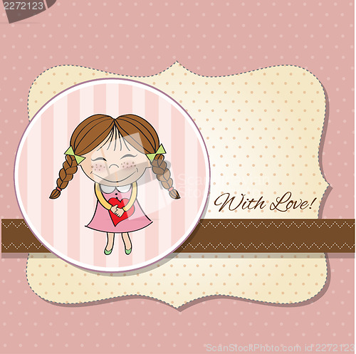 Image of Funny girl with hearts. Doodle cartoon character.