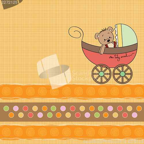 Image of funny teddy bear in stroller