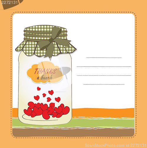 Image of Thank you greeting card with hearts plugged into the jar