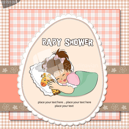 Image of baby shower card with little girl and her toy