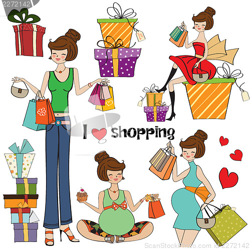 Image of girls at shopping items set on white background