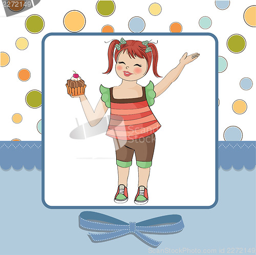 Image of birthday greeting card with girl and big cupcake