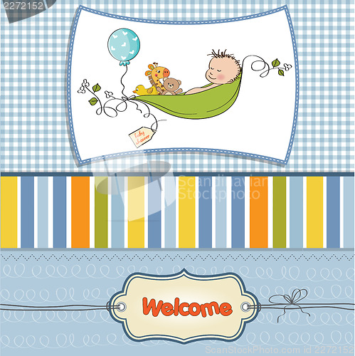 Image of little boy sleeping in a pea been, baby announcement card