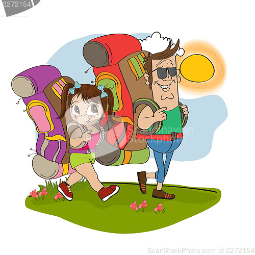 Image of father and daughter tourist traveling with backpacks