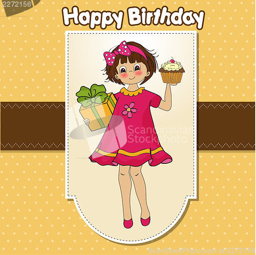 Image of birthday greeting card with girl and big cupcake