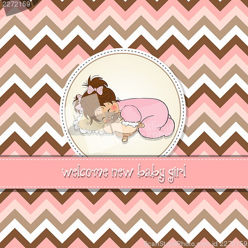 Image of baby shower card with little baby girl play with her teddy bear 