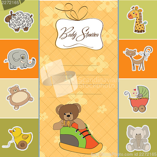 Image of baby shower card with teddy bear hidden in a shoe