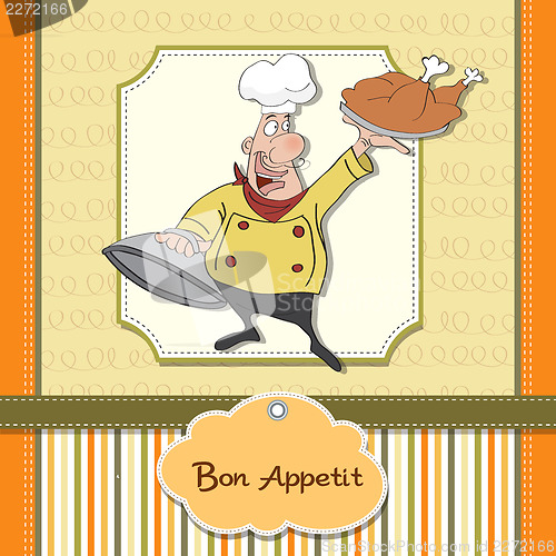 Image of funny cartoon chef with tray of food in hand