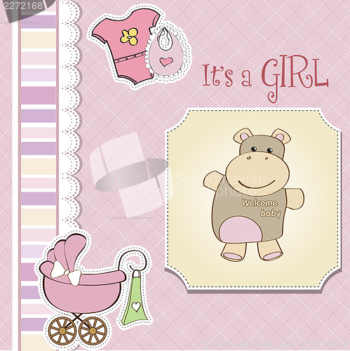 Image of childish baby girl announcement card with hippo toy