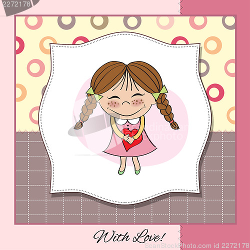 Image of Funny girl with hearts. Doodle cartoon character.