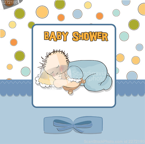 Image of baby shower card with little baby boy sleep with his teddy bear 