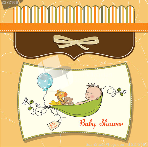 Image of little boy sleeping in a pea been, baby announcement card