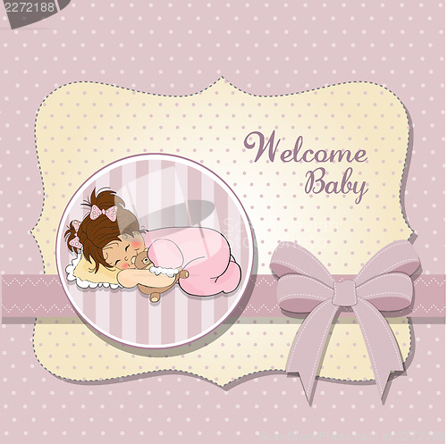 Image of baby shower card with little baby girl play with her teddy bear 