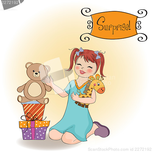 Image of little girl playing with her birthday gifts . happy birthday car