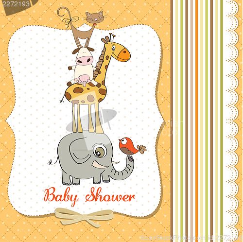 Image of baby shower card with funny pyramid of animals