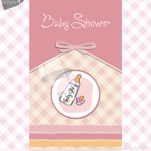 Image of new baby girl announcement card with milk bottle and pacifier