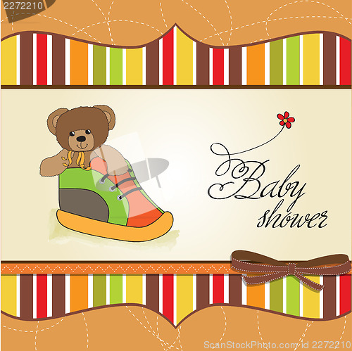 Image of shower card with teddy bear hidden in a shoe