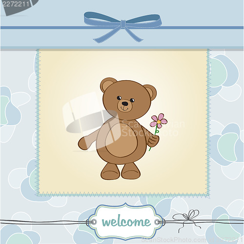 Image of happy birthday card with teddy bear and flower