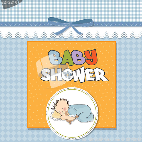 Image of baby shower card with little baby boy sleep with his teddy bear 