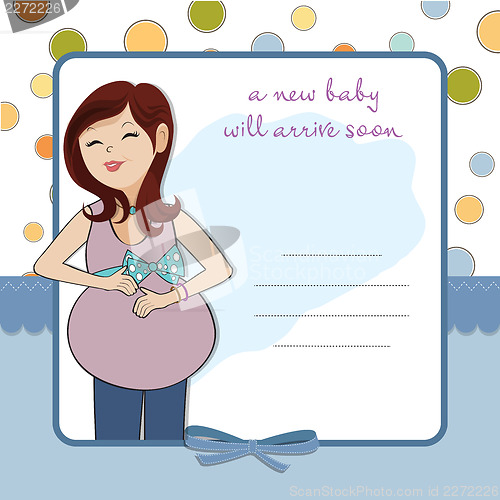 Image of happy pregnant woman, baby shower card