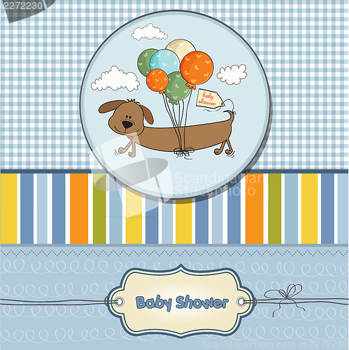 Image of baby shower card with long dog and balloons